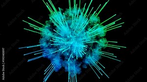explosion of blue powder on black background. 3d animation of particles as colorful background or overlays for effects. Burst of colorful paint powder for bright presentation like holi festival. 8