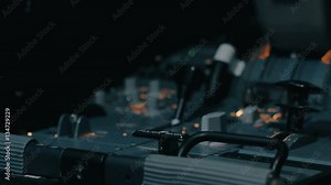 Start of flight. Close shot of cabin interior of Airbus A319 A320 A321. Flight deck and pedestal. Co-pilot switch park brake control