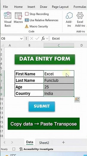 Create a data entry form in Excel using Record Macro #excel #exceltips