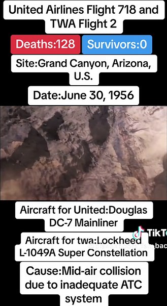 The Grand Canyon mid-air collision occurred in the western United States on June 30, 1956, when a United Airlines Douglas DC-7 struck a Trans World Airlines Lockheed L-1049 Super Constellation over Grand Canyon National Park, Arizona. The first one fell into a canyon and the other one slammed into a rock face. All 128 on board both airplanes perished, making it the first commercial airline incident to exceed one hundred fatalities. The airplanes had departed Los Angeles International Airport min