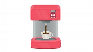 Coffee machine. Animation of pouring a coffee drink into a mug, alpha channel. Cartoon