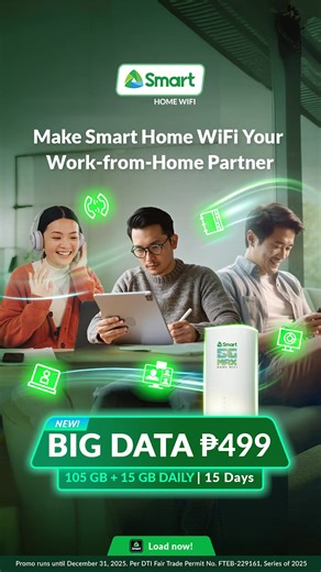 Work smarter from home with BIG DATA 499 ☕​ Get 120GB for 15 days, perfect for smooth video calls, uploads, and after-work streaming.​ Load now at https://smrt.ph/BigDataP499OLS​ Don’t have a Smart Home WiFi device yet? Switch now: https://smrt.ph/switchto5G | Smart Communications, Inc. | Facebook