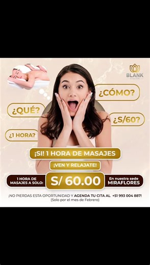 ¡Pasa un momento increíble en Blank Mind Spa! *✨Es el momento perfecto para disfrutar de un día de total relax y engreimiento para ti 🌿¡Déjate consentir y renueva tu energía con nuestros exclusivos tratamientos! ¡Te esperamos!❤️ 📆 Reserva tu sesión ahora y luce radiante en todo momento!✨ Déjanos un mensaje: 📱 993 004 887 📍Visítanos en Av. Alfredo Benavides 347, 2do nivel, Tienda 241 C.C. Expo Centro, Miraflores. #BlankMindSpa #PielSuave #cuidadodelapiel #skincare #pielsana #pielterza #pielra