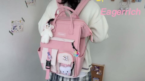 Cute Backpack with Cute Pin Accessories Plush Pendant for School Bag Student Girl Backpack Super-Capacity Waterproof Travel Backpack(Black-3)