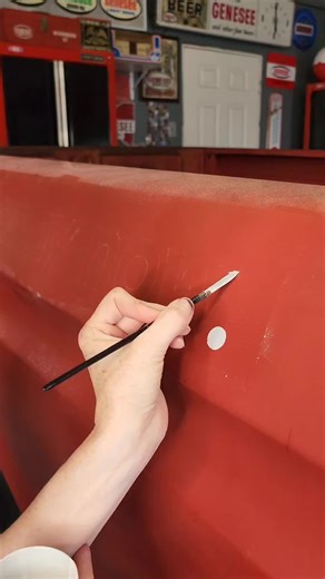 Dry brush lettering on ol Red truck bed sides #handpainted #lettering #signpainting #relaxing #oldford #Ford #Fordtruck #patina #art #painting | HotRod Jen's art page