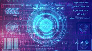 Radar HUD Screen Animation 4K. Motion graphic of colorful sonar radar screen searching an object with line digital technology background, Futuristic animation concept seamless loop video