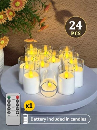 6/12/24pcs Flameless Candle Lights With Timer/Remote Control, Realistic Glass Candle Holders, Battery Powered Tealight Candles For Home, Wedding, Party, Halloween, Christmas, Dining Table, Holiday Decor | SHEIN