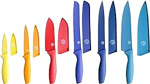 MasterChef Kitchen Knife Set with Covers incl. Paring, Boning, Carving, Bread, Santoku & Chef Knife, Sharp Cutting Stainless Steel Blades with Sheaths, 12 Piece (6 Colored Kitchen Knives & 6 Covers)