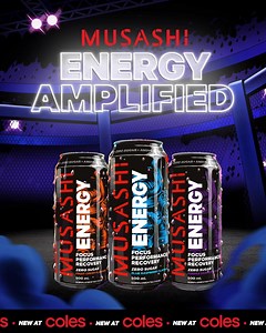 9.4K views · 470 reactions | Musashi Energy is more than just an energy drink, amplified to support FOCUS, PERFORMANCE & RECOVERY Available at Coles now! Learn more: https://musashi.com/product/energy-drink-500ml/ | Musashi Nutrition | Facebook