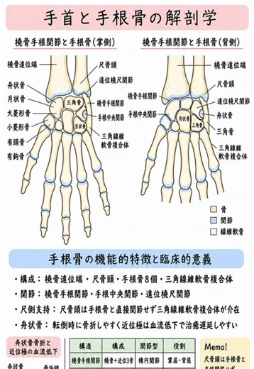 ピラティスで「手首の小指側が痛い」と訴えるクライアントへの対応🤔 四つ這いやフロントサポート。手関節の背屈を伴う荷重種目で、痛みを訴える方って意外と多いですよね。手首がただの蝶番関節ではないと知ると、代償動作の理由が見えてきます。 ▼ どこにある骨と関節？ 手首の根元を触ってみてください。親指側には太い橈骨、小指側には細い尺骨という2本の骨が前腕を通っています。そのすぐ先には、8つの小さな石ころのような「手根骨」が2列に並んでいる構造。意外と見落とされがちなのが、手首のメインの関節（橈骨手根関節）は、親指側の橈骨と手根骨だけで構成されているという事実。小指側の尺骨は手根骨と直接ぶつからないよう、あえて隙間が空いているんです。 ▼ 何をする構造？ この小指側の隙間を埋め、ハンモックのように支えているのがTFCC（三角線維軟骨複合体）という軟部組織。手首を小指側に曲げたり、前腕を捻ったりする時の衝撃を吸収するクッションとして働きます。対照的に、親指側にある「舟状骨」は、近位と遠位に分かれた手根骨の列をまたぐ橋渡し役。過去に転倒して手をついた経験がある方は、この舟状骨を傷めているケースも。