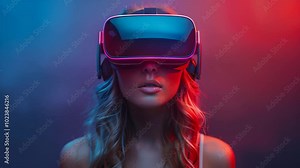 Young woman using glasses of virtual reality on light background. Woman in metaverse with VR headset,virtual reality,future technology concept. Using VR glasses in colorful neon lights