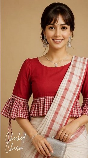 ✨ Elegant Red Checked Frill Sleeve Saree Blouse Design ❤️ | New Tailor Fit Blouse Ideas#blousedesign