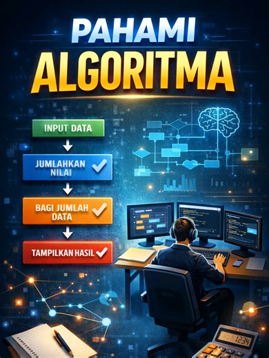 Pahami Konsep Algoritma “Setelah memahami logika, langkah berikutnya adalah algoritma. Algoritma adalah urutan langkah untuk menyelesaikan masalah. Contoh sederhana: menghitung rata-rata nilai. Langkahnya: input nilai, jumlahkan semua nilai, bagi dengan jumlah data, tampilkan hasilnya. Programmer profesional jarang langsung menulis kode. Biasanya mereka merancang algoritma terlebih dahulu. Karena kode yang baik selalu dimulai dari algoritma yang jelas.” #algoritma #pemrograman #coding #programme