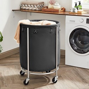 45Gal Round Laundry Sorter Laundry Hamper with Wheels Rolling Laundry Cart with Removable Bag for Laundry Room Black and Silver