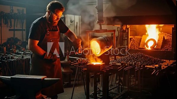 Man artisan foundry worker pouring molten metal into a mold with fiery sparks, showcasing craft and metalwork process.