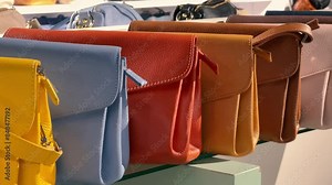 Colorful Faux Leather Handbags Display: Affordable Trendy Purses for Young Women at Accessory Store