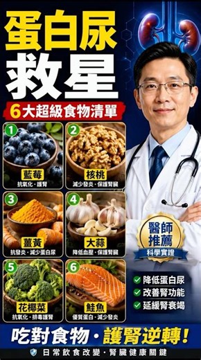腎臟科醫生推薦：改善蛋白尿的 6 種天然超級食物清單。🫐🩺 #泡泡尿 #護腎食物 #蛋白尿