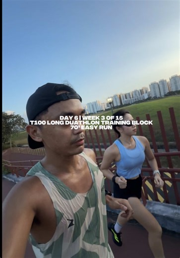 Day 6 | Week 3 of 15 | T100 Long Duathlon Wrapped up Week 3 with a 70 minute easy run with Melly @melijmrtn yesterday afternoon. We kept the effort truly easy as our legs were still carrying a lot of fatigue from the brick session and from spending the evening supporting @team.sportplus alongside our friends at the @asicssg Magic Speed 10km relay. This run was more of a mental check than a physical one. The legs felt heavy and I honestly had to battle the urge to skip it, but this session matter