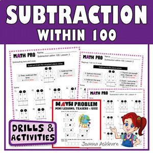 2 Digit Subtraction within 100 Guided Practice & Review Worksheets BUNDLE