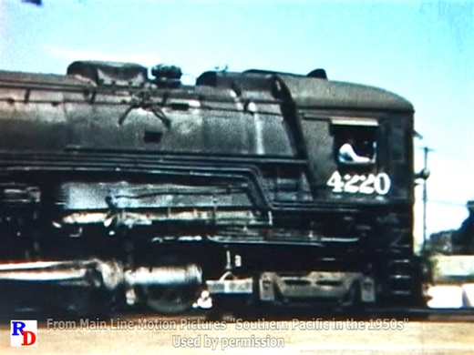 Southern Pacific AC-10 "Cab Forward" No. 4220 is seen in a pacing sequence and then a more conventional (we cant be sure what it is) steam locomotive is seen on a runby with a freight. From the Main Line Motion Pictures show "Southern Pacific in the 1950s" https://railfandepot.com/product/southern-pacific-steam-and-diesel-in-the-1950s/ | Steam Giants