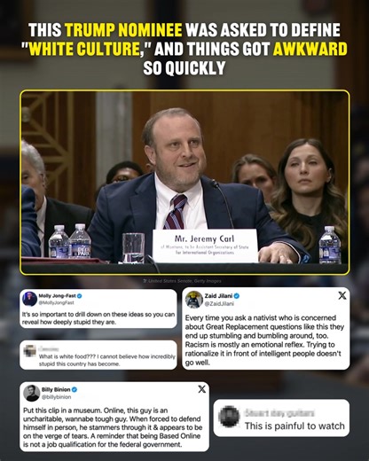 Donald Trump's State Department nominee, Jeremy Carl, recently answered questions before the Senate and had several uncomfortable moments after his past comments about "White culture" were raised. One interaction in particular went viral after Sen. Chris Murphy asked Carl to define "White identity." 🎥: United States Senate | BuzzFeed Video