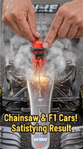 A chainsaw cuts through a model Formula 1 race car: Satisfying Result!#Chainsaw #F1Model #Satisfying