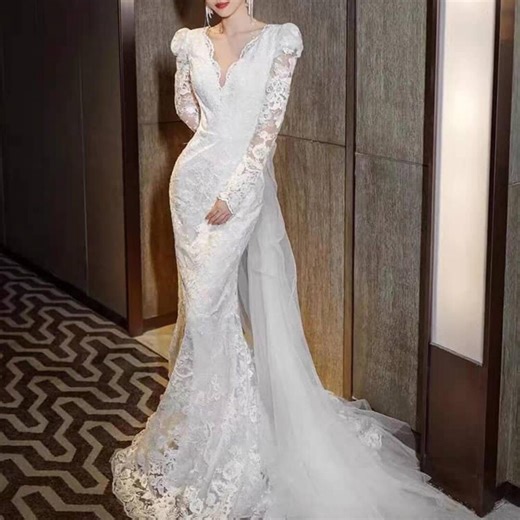 Long Sleeve Lace Mermaid Bride Outfit With Detachable Train, Floral Elegant Ceremony Look, Custom Fit Reception Attire - Etsy