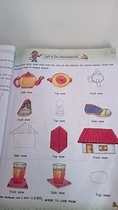 Here, front view, side view, and top view of the objects are sh... | Filo