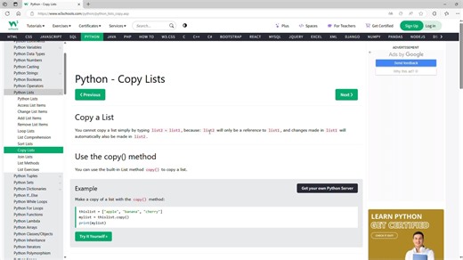 26列表9复制列表 W3Schools Copy Lists