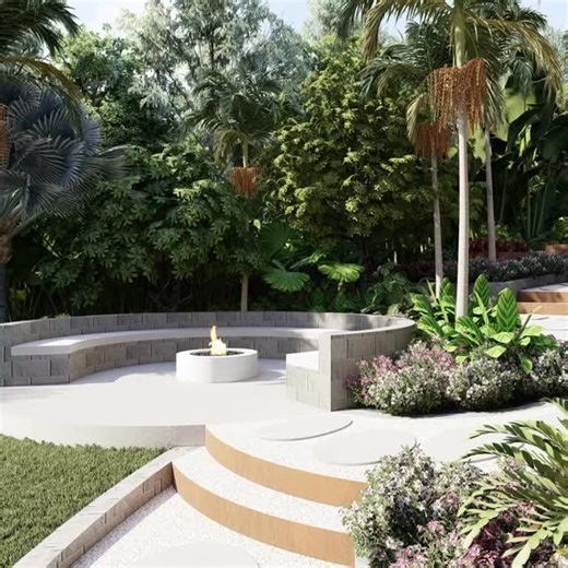 If “backyard goals” were a place… this would be it 👇 A circular fire pit for stories, a hidden seat for quiet moments, and a breezy cabana that feels like a mini holiday at home. All surrounded by lush, tropical calm 🌿 Design by @fluidlandscapedesign 3Ds imagery by @pitch_box #DreamBackyard #LandscapeDesign #3DVisualisation #OutdoorEscape #FirePitVibes #TropicalOasis | Fluid Design