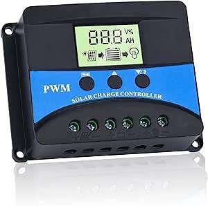 PWM 20A Solar Charge Controller, 12V/24V Auto, LCD Display, Aluminum Heat Sink, 5V Dual USB, Fit for 12V/24V Lead-Acid & Lithium Batteries