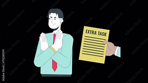 Rejecting extra task line cartoon animation. No enthusiasm 4K video motion graphic. Asian gen z employee refuses assignment from boss 2D linear animated characters isolated on transparent background Stock Video