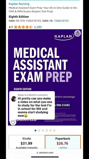 Replying to @Lilibeth So this is all the study materials i used to help me study for my AAMA(CMA) exam aside from my textbook I got from school. If you dont get nothing else i highly recommend the Kaplan book! Hope this helps! #Exam #aama #study #guide #cma #foryou #foryoupage #medicalassistant