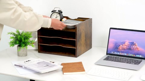 Snughome Vintage Wood File Organizer Desktop, 13.4’’ Document Letter Mail Tray Sorter with 3 Adjustable Shelves, Wooden Desktop Paper File Sorter Holder (Rustic Brown, 13.78’’L x 11.81’’W x 11.02’’H)