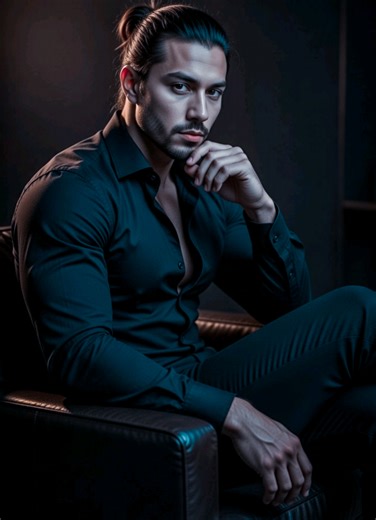 Use the physical appearance, facial details, body shape taken from image uploaded and generated into : A strikingly handsome young man in his early 30's, rugged and rebellious vibe, intense piercing dark brown eyes. Ultra-realistic cinematic portrait of a confident young man sitting relaxed in a dark leather armchair, centered composition. The man is wearing a slightly unbuttoned black dress shirt with sleeves down and black trousers. His legs are crossed casually, one arm resting on the armrest