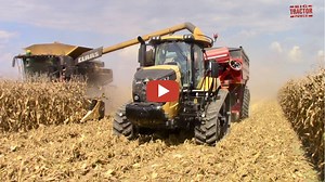 bigtractorpower -- A 405 hp CHALLENGER MT740 Tractor on grain cart duty during the corn harvest. This tracked tractor is keeping up with two CLAAS Lexion 750 TT Combines