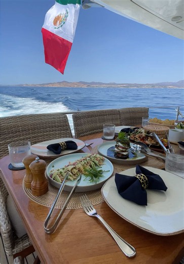 POV: You’re about to enjoy a delicious meal aboard a luxury yacht in Los Cabos. Private charters from $1910 USD for up to 10 guests caboyachtcharters.com #loscabos #cabosanlucas #caboyachtcharters