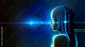 Artificial Intelligence Robot Face, Featuring Big Data Analytics, Deep Learning, and Digital Cyborg Face. Explore the Future of AI Technology