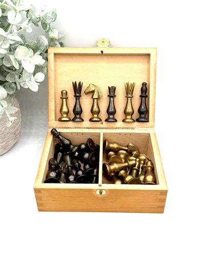 Vintage Brass Chess Pieces Set With Wooden Storage Box | No Board Included - Etsy