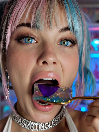 POV: Eating a captured galaxy. 🌌 The texture is unreal. . . ⚠️ DIGITAL ART ADVISORY: This video is a high-fidelity 3D simulation featuring the digital avatar Stella Byte. Not real food. . #StellaByte #RaindropCake #Satisfying #3DAnimation #ASMR