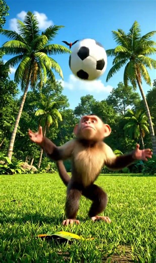 look at the monkey playing football.