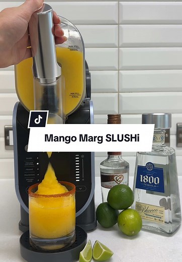 Easy Mango Marg SLUSHi🍋‍ If you wanted a fresher taste, you could use blended fresh mango. But sometimes you need a quick recipe to cure that craving 😉 Here's what you'll need for 4-6 servings: This should take approximately 35-40 mins to slush. 200ml Tequila Blanco 40ml Triple Sec 1060ml mango juice 120ml fresh lime juice 20g agave Jalapeno brine, optional Tajin (for the rim), optional #ninjaslushi #mangomarg #margarita