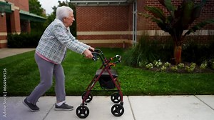 Side view of elderly senior old woman using walker for mobility on sidewalk for a walk. Concept of elderly independence.
