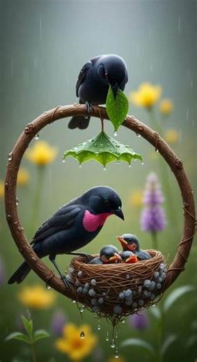 The cute little bird in the wind and rain. Brave against the storm