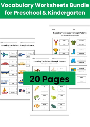 Preschool Vocabulary Worksheets Printable PDF | Kindergarten Picture Matching Activity | ESL Worksheets for Kids | Homeschool Bundle - Etsy