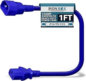 IronBox Electric C14 to C13 Power Cord - 10A/250V, 18/3 AWG SJT - UL Listed IEC Cable & Jumper Cords - Heavy Duty Power Extension Cord for Desktop Computer, Monitor, Projector, PDU & More (1ft, Blue)
