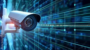 Securing networks with AI cloud based firewall and advanced camera technology. Concept AI Security, Cloud-Based Firewall, Advanced Camera Technology, Network Protection