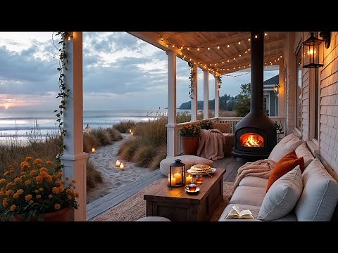 Cozy Seaside Retreat in Autumn | Fireplace Glow & Gentle Ocean Ambience for Sleep 🔥🍁