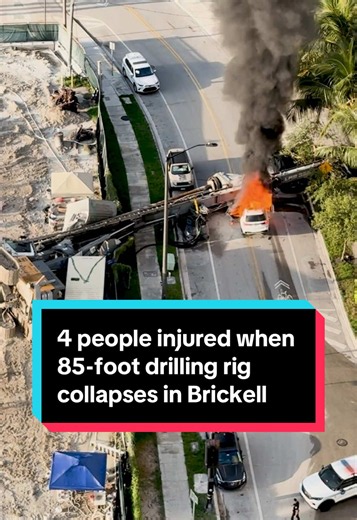 Four people escaped serious injuries on Monday after an 85-foot drilling rig collapsed and fell on top of several vehicles and a construction box in Brickell just after 8 a.m., according to Miami officials. Video from the scene showed that the crane, also known as a pile rig, hit vehicles after toppling, including a white SUV that burst into flames. First responders said the unidentified driver is lucky to be alive.