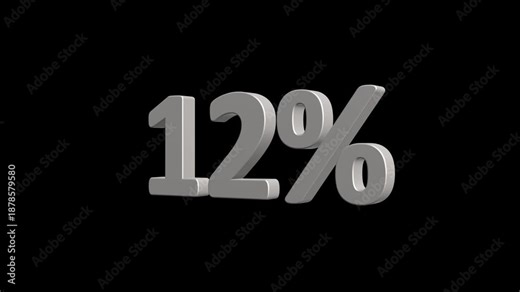 Animation of 12% discount label with 3d icon on transparent background. 12% price drop sale price tag, big discount offer animated on black background. 4k